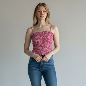 NWT Sienna Sky Fuchsia Smocked Pink Tropical Hawaiian Crop Top Spaghetti Strap L